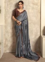 Sattin Crape Grey Wedding Wear Digital Printed Saree